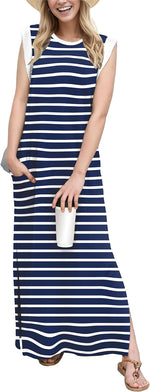 2025 Women Year-Round Casual round Neck Loose Split Wrinkle-Free Long Maxi Vacation Dress with Pockets (XS-3XL)