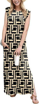 2025 Women Year-Round Casual round Neck Loose Split Wrinkle-Free Long Maxi Vacation Dress with Pockets (XS-3XL)