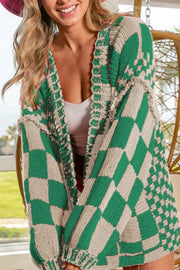 Checkered Open Front Long Sleeve Cardigan