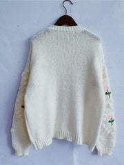 Floral Button Up Round Neck Long Sleeve Cardigan