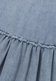 Cutout Round Neck Balloon Sleeve Denim Dress