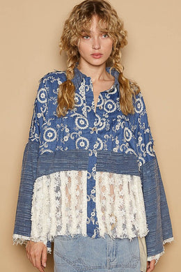 POL Lace Hem Embroidered Long Sleeve Shirt