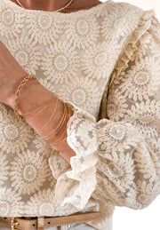 Flower Jacquard Flounce Sleeve Blouse