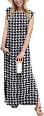 2025 Women Year-Round Casual round Neck Loose Split Wrinkle-Free Long Maxi Vacation Dress with Pockets (XS-3XL)