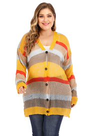 Plus Openwork Color Block Button Up Cardigan