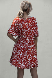 Tie Neck Flounce Sleeve Printed Mini Dress