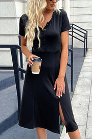 Perfee Buttoned Short Sleeve Slit Dress
