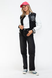 Love Me Now PU Leather Contrast Snap Down Bomber Jacket