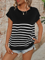 Mandy Striped Round Neck Short Sleeve Knit Top