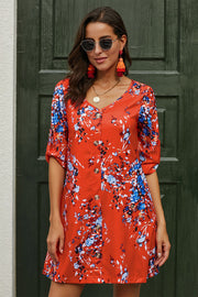 Printed Buttoned V-Neck Half Sleeve Dress