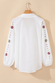 Embroidered Eyelet Collared Neck Long Sleeve Shirt
