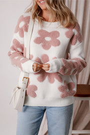 Flower Round Neck Long Sleeve Knit Top