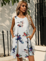 Shiny Printed Round Neck Sleeveless Dress with Pockets
