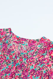 Floral Smocked V-Neck Flounce Sleeve Dress