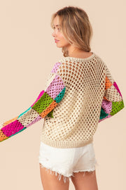 BiBi Multi Color Checkered Long Sleeve Knit Top