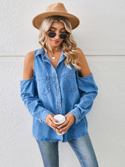 Cold Shoulder Pocketed Button Up Denim Jacket