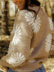 Perfee Flower Round Neck Long Sleeve Sweater