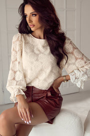 Flower Jacquard Flounce Sleeve Blouse