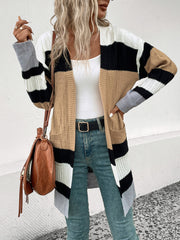 Perfee Color Block Open Front Drop Shoulder Cardigan