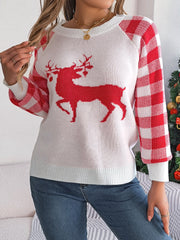 Reindeer Plaid Round Neck Long Sleeve Sweater