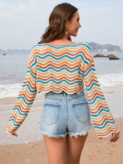 Striped Boat Neck Long Sleeve Cover Up