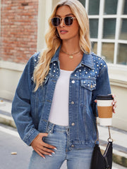Pearl Detail Collared Neck Long Sleeve Denim Jacket